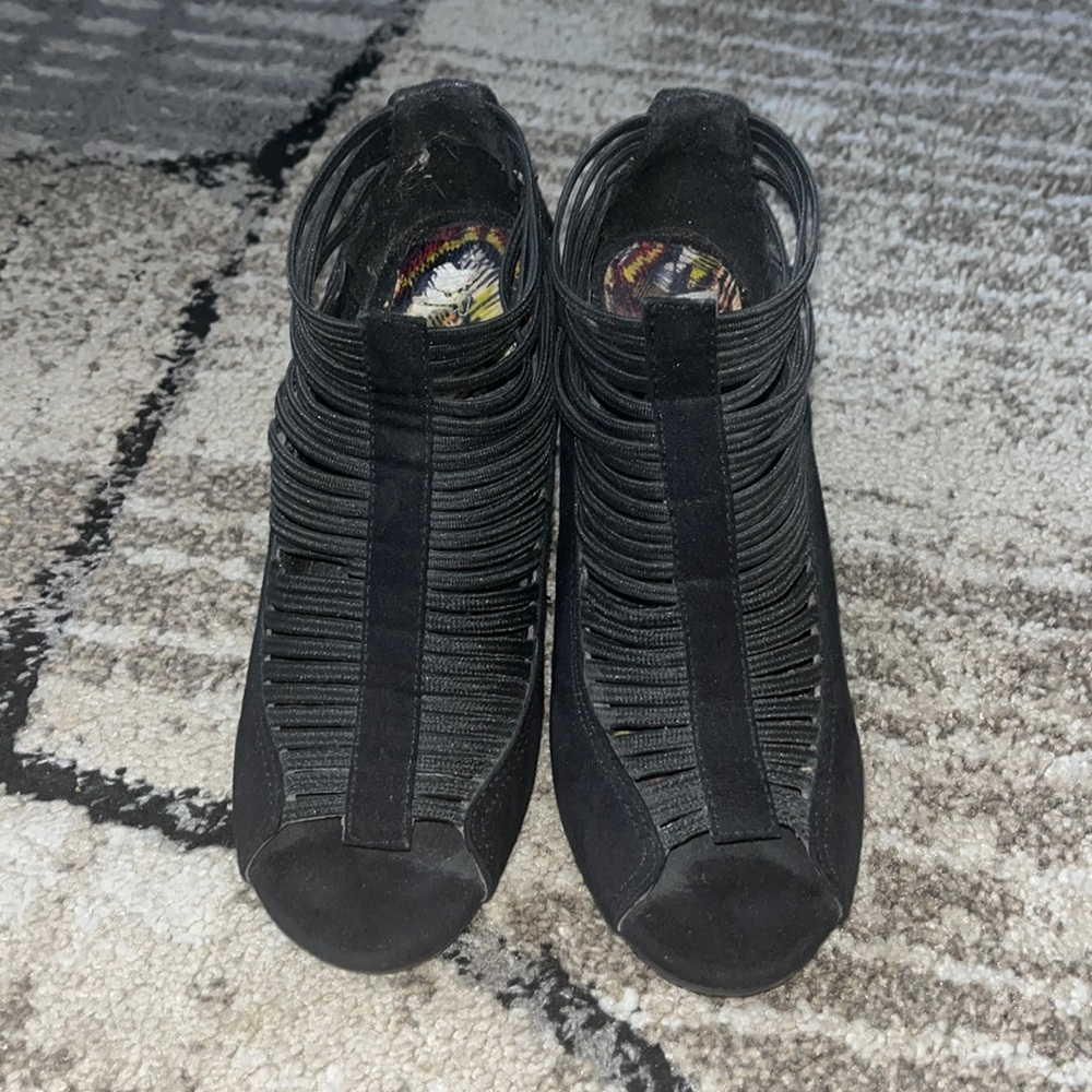 Black wedged sandals. Open toe. Size 7.5